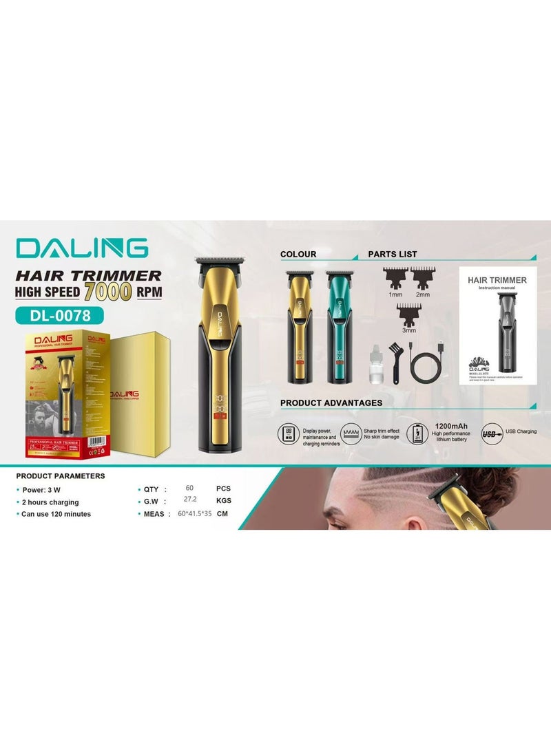 دالينغ ماكينة تشذيب الشعر الاحترافية DL-0078 - محرك عالي السرعة 7000 دورة في الدقيقة - شاشة LED، بطارية ليثيوم 1200 مللي أمبير، قابلة لإعادة الشحن عبر منفذ USB، و3 أمشاط توجيه - Image 1